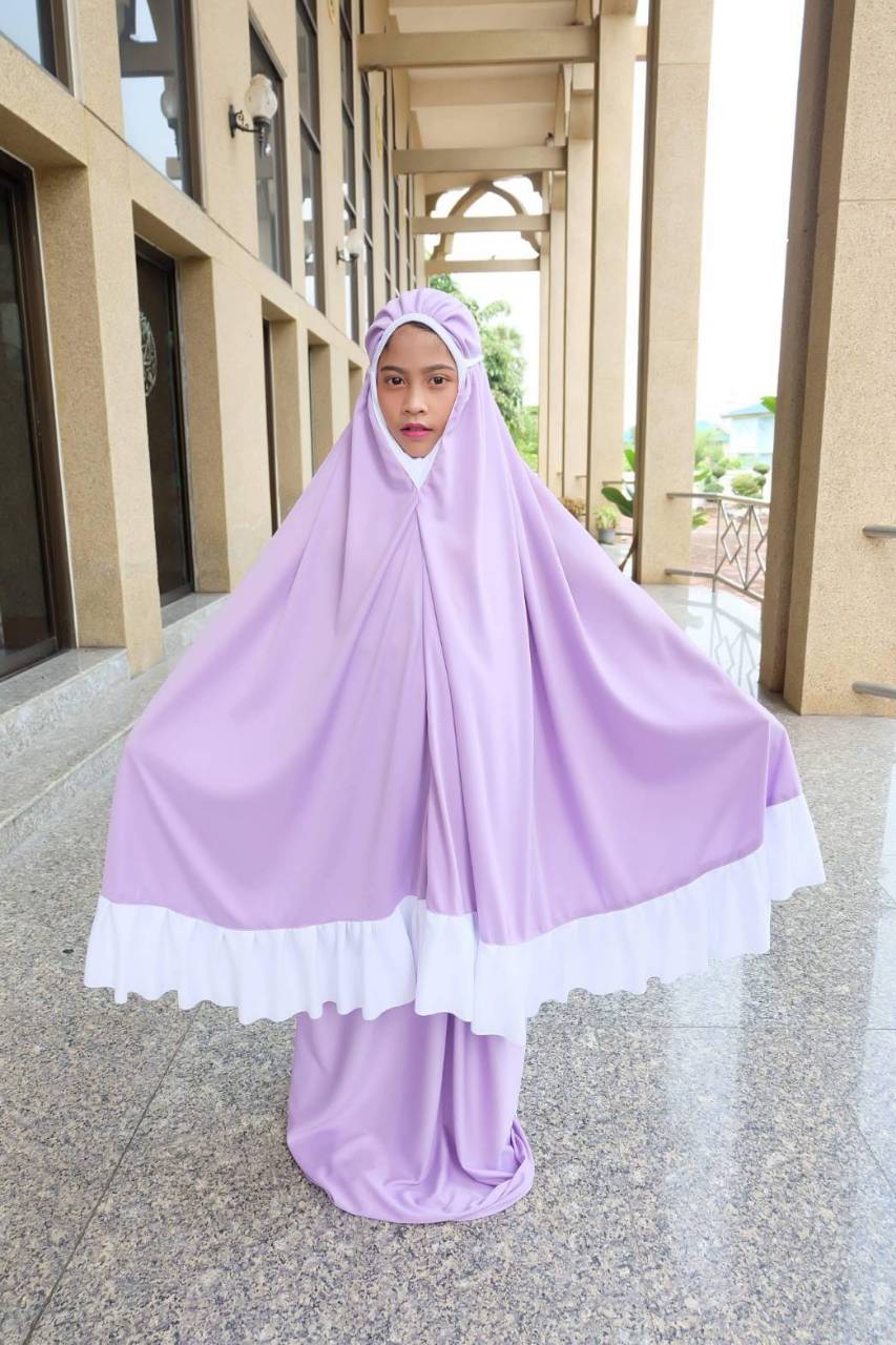ตะละกงเด็ก ชุดละหมาดเด็ก talakongdek ผ้าละหมาดเด็ก สีม่วงอ่อน แต่งชายระบาย ไซน์เด็ก 9-12ปี ตะละกงเด็ก ชุดละหมาดเด็ก talakongdek ผ้าละหมาดเด็ก สีม่วงอ่อน แต่งชายระบาย ไซน์เด็ก 9-12ปี