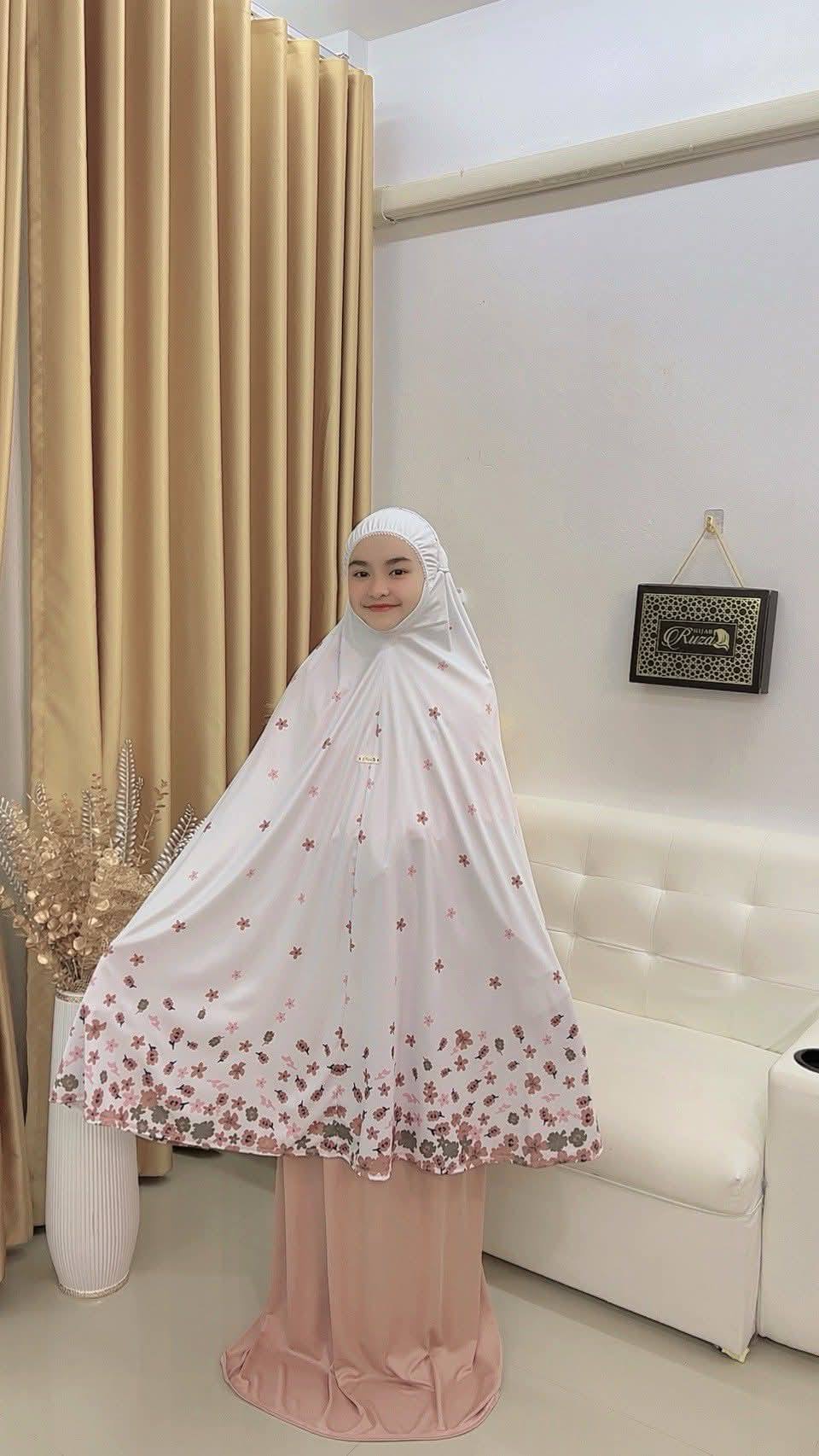 ตะละกงเด็ก ชุดละหมาดเด็ก ชุดใส่ละหมาดเด็ก ผ้าละหมาดสำหรับเด็กอิสลาม รุ่น ดอกซากุระ สำหรับเด็ก9-13ปี