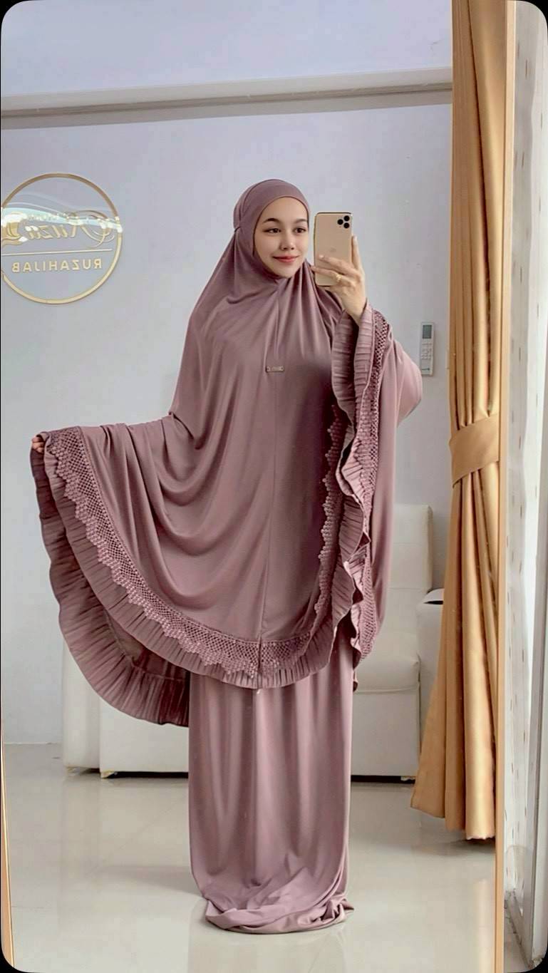 Talakong ตะละกงพกพา ผ้าละหมาดนำเข้า ชุดะละหมาด รุ่นLAILA  อัดพลีท แต่งลูกไม้