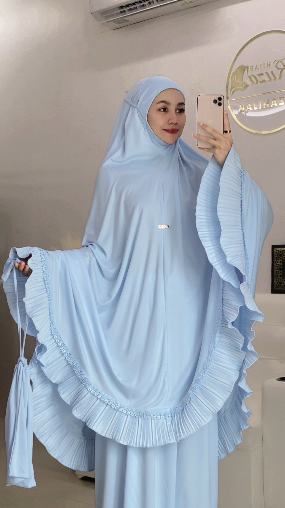 ผ้าละหมาดราคาถูก ชุดละหมาด ตะละกงพกพาพร้อมส่ง  FARIA อัดพลีท แต่งลูกไม้ เนื้อผ้า    Viscose premium