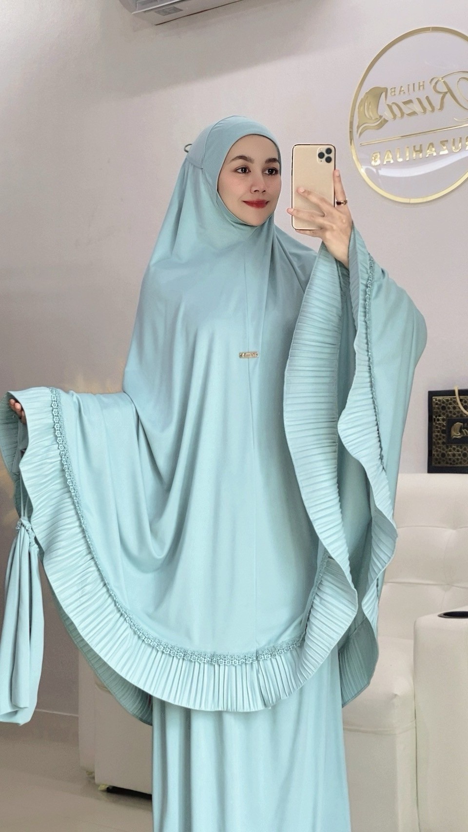 ผ้าละหมาดราคาถูก ชุดละหมาด ตะละกงพกพาพร้อมส่ง  FARIA อัดพลีท แต่งลูกไม้ เนื้อผ้า    Viscose premium