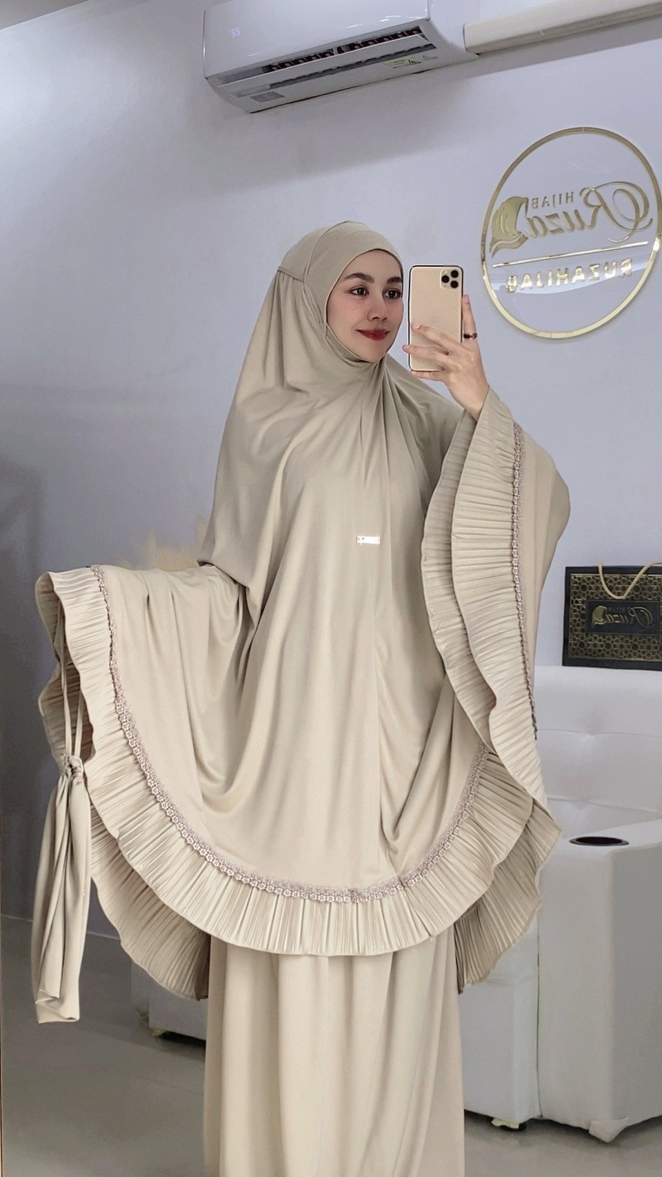 ผ้าละหมาดราคาถูก ชุดละหมาด ตะละกงพกพาพร้อมส่ง  FARIA อัดพลีท แต่งลูกไม้ เนื้อผ้า    Viscose premium