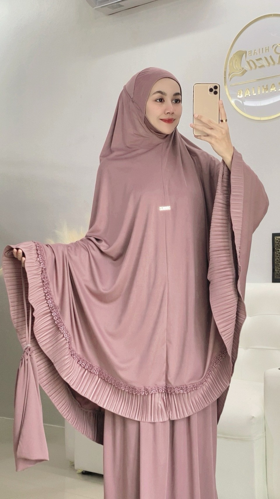 ผ้าละหมาดราคาถูก ชุดละหมาด ตะละกงพกพาพร้อมส่ง  FARIA อัดพลีท แต่งลูกไม้ เนื้อผ้า    Viscose premium