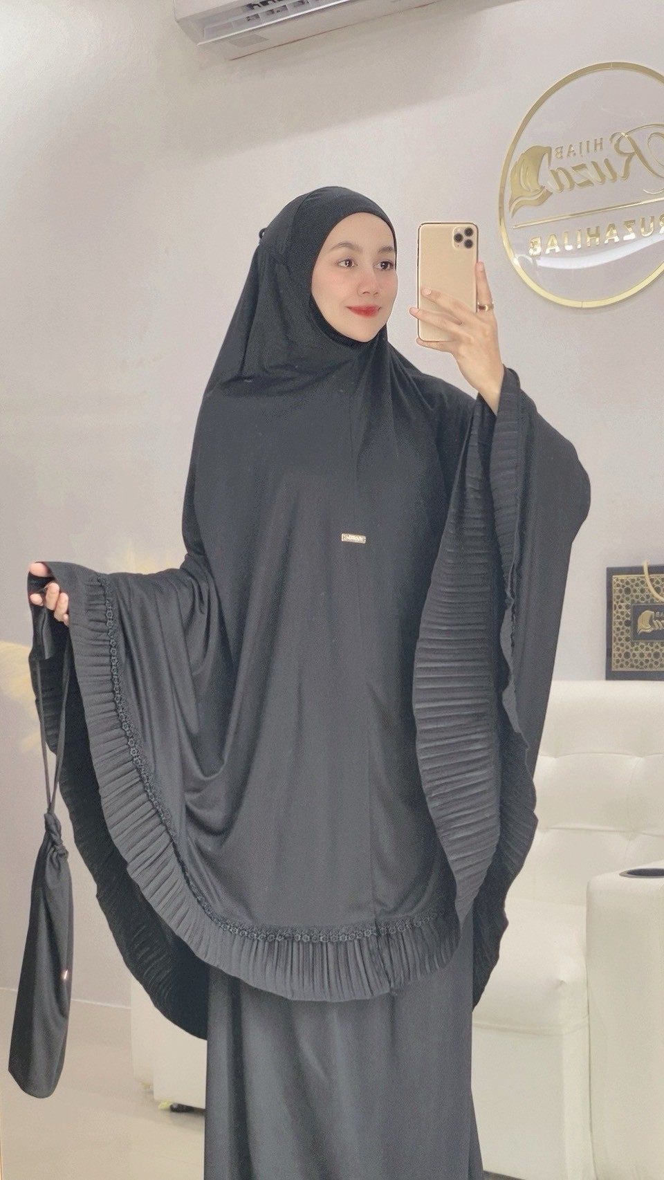 ผ้าละหมาดราคาถูก ชุดละหมาด ตะละกงพกพาพร้อมส่ง  FARIA อัดพลีท แต่งลูกไม้ เนื้อผ้า    Viscose premium