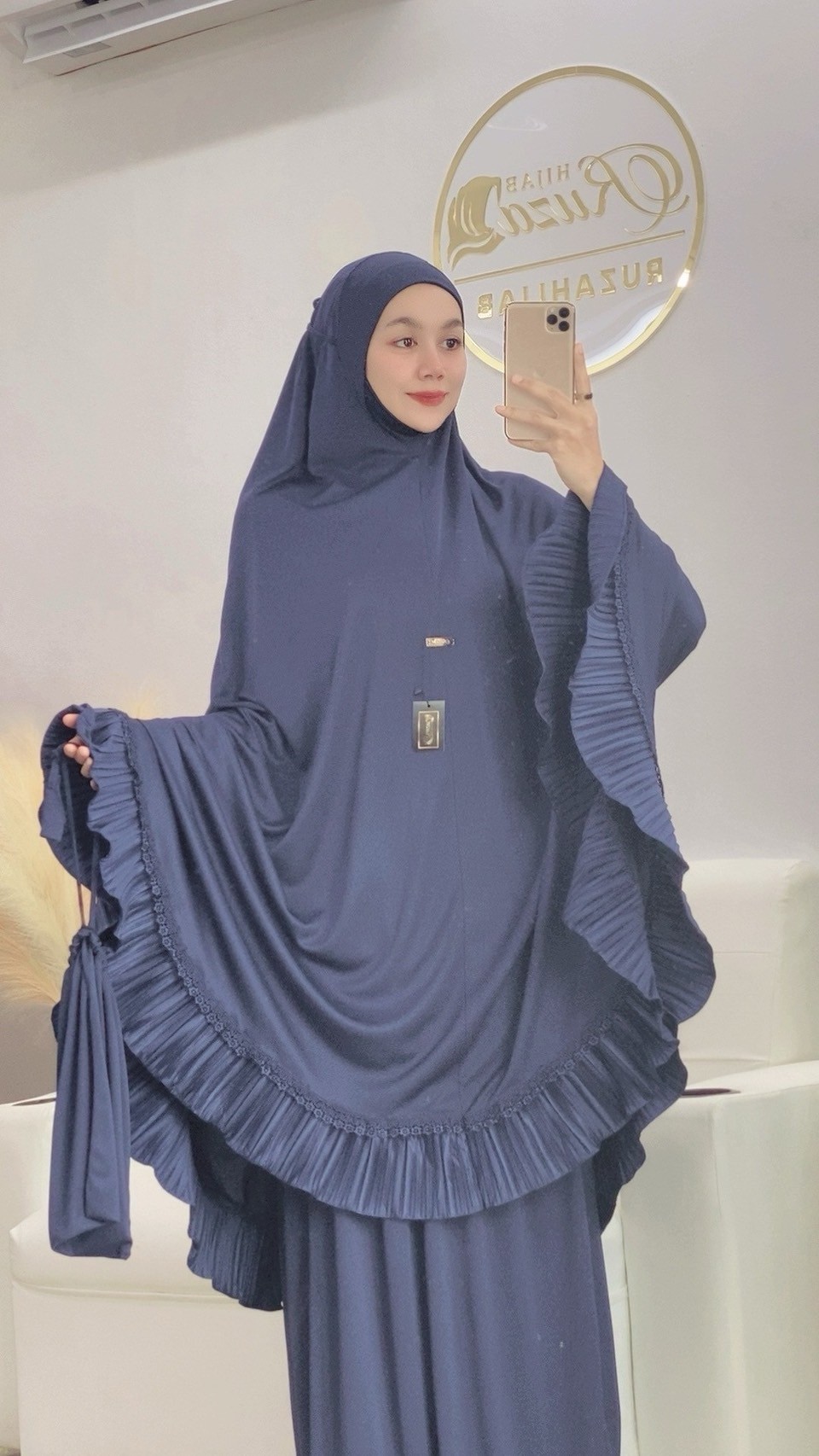 ผ้าละหมาดราคาถูก ชุดละหมาด ตะละกงพกพาพร้อมส่ง  FARIA อัดพลีท แต่งลูกไม้ เนื้อผ้า    Viscose premium